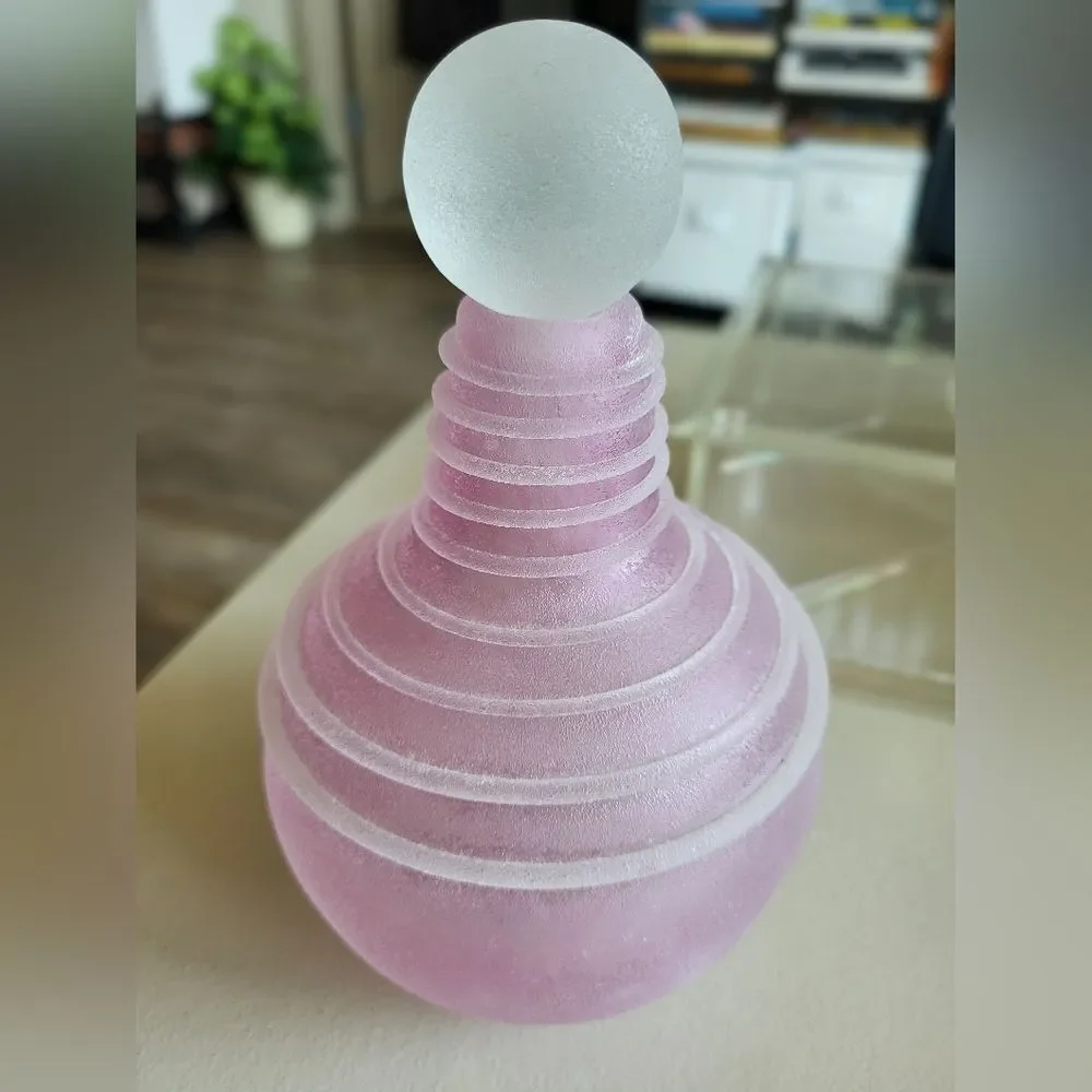 Vintage Frosted Pink Art Deco Style Glass Bottle with Frosted Stopper